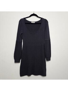 Biscote Sweater Dress Dark Gray Long Sleeve Deep V Neck Women Large Mini Texture